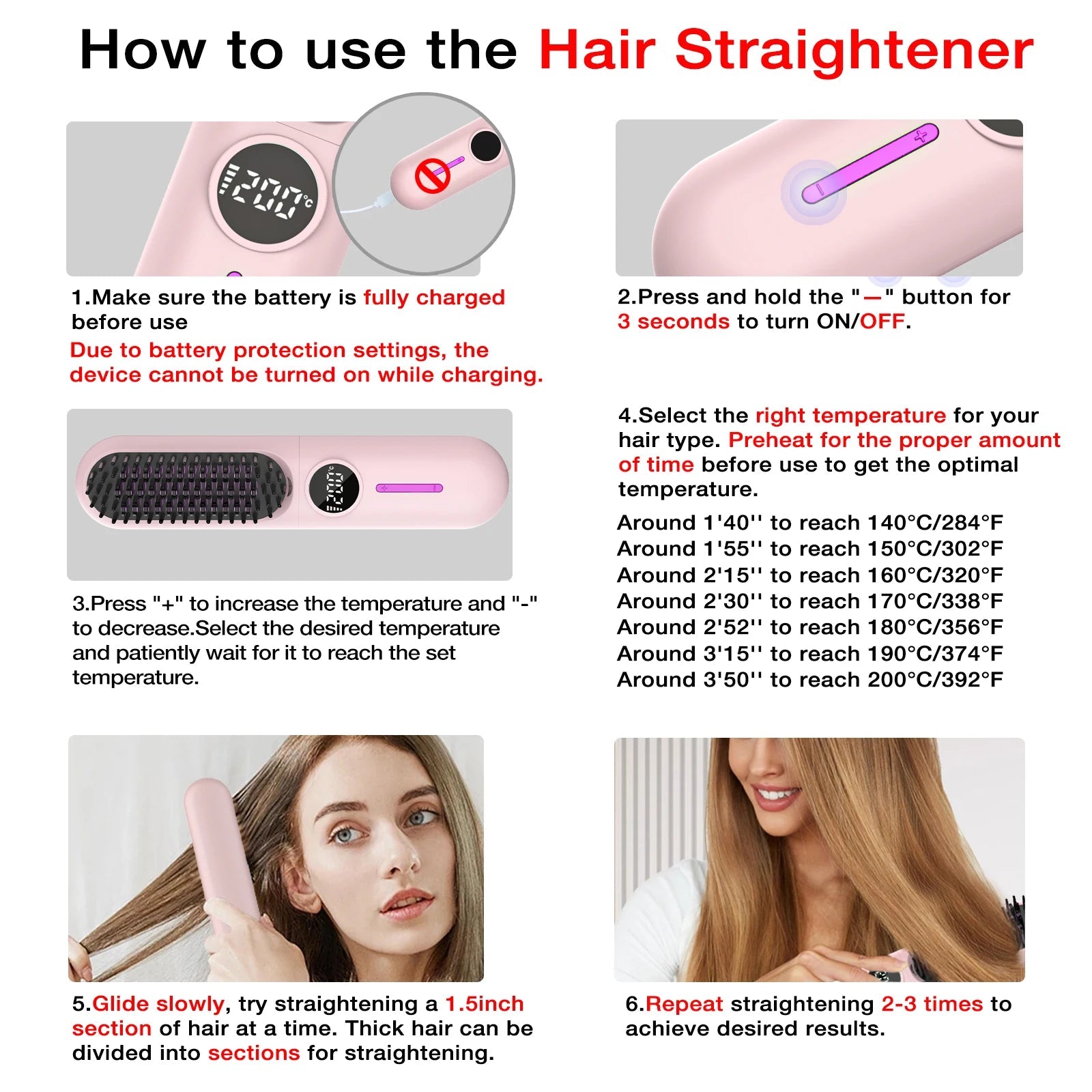 Rechargeable Waterproof Mini Portable Electric Hair Straightening Brush Comb - Glowstyler
