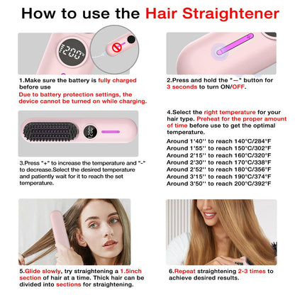 Rechargeable Waterproof Mini Portable Electric Hair Straightening Brush Comb - Glowstyler